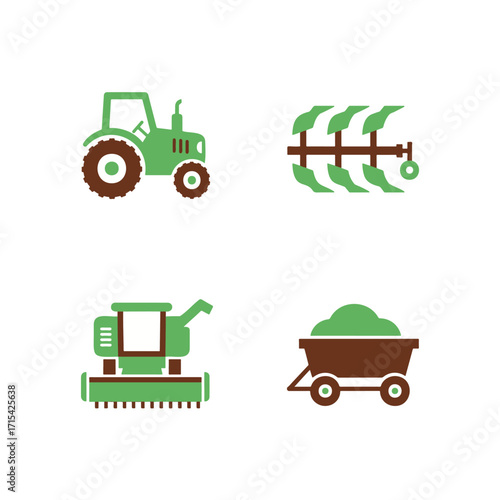 Four agricultural icons, depicting a tractor, plow, combine harvester, and farm wagon.