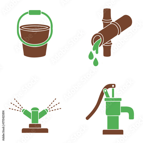 Water sources and irrigation tools icons.