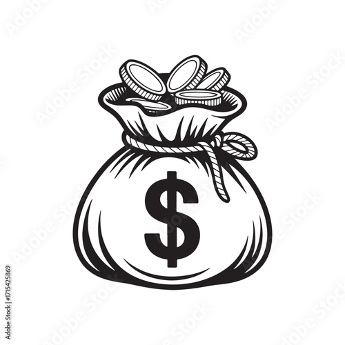 A Black and White Illustration of a Money Bag with a Dollar Sign and Coins Overflowing Making a Classic and Recognizable Image