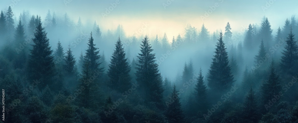 Obraz premium Dense pine forest covered in thick mist with soft morning light creating a calm and mysterious atmosphere