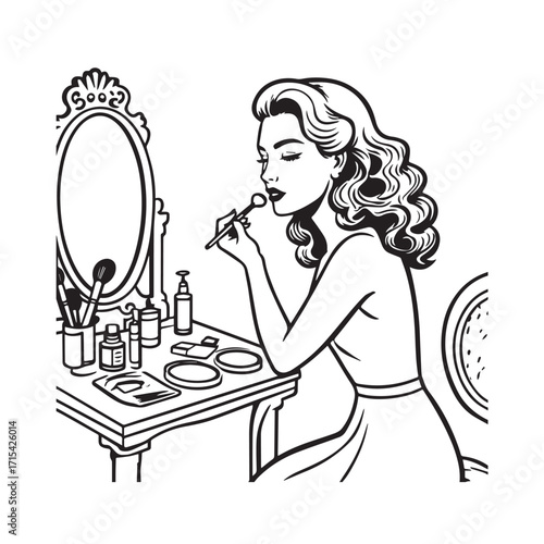 Black and white line art of a beautiful woman doing makeup at dressing table with mirror illustration