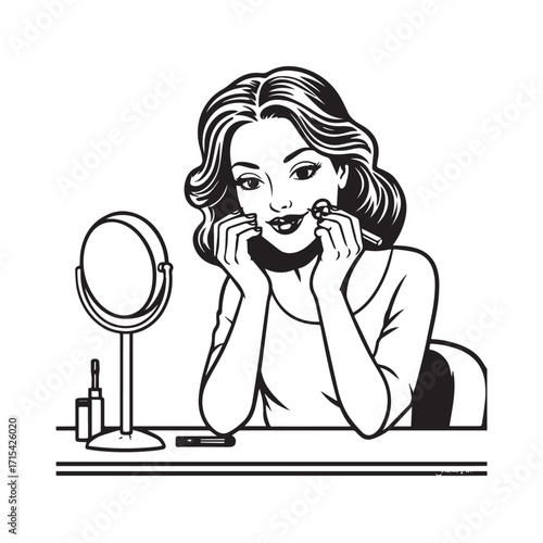 Black and white line art of a beautiful woman doing makeup at dressing table with mirror illustration