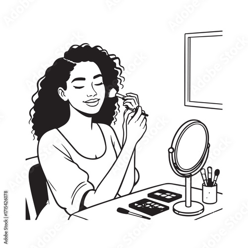 Black and white line art of a beautiful woman doing makeup at dressing table with mirror illustration