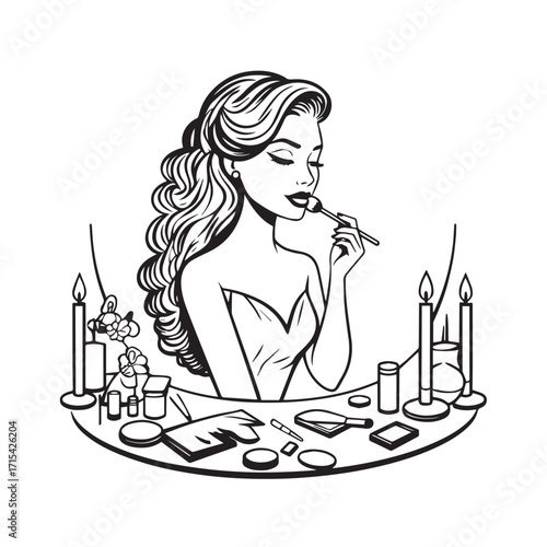 Black and white line art of a beautiful woman doing makeup at dressing table with mirror illustration