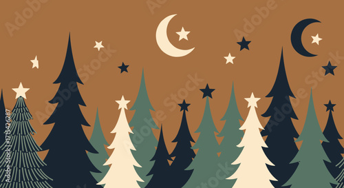 A whimsical night sky with crescent moons and stars over a forest of festive trees.