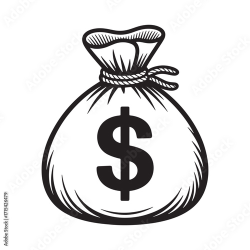 A Symbolic Depiction of Financial Wealth An Engaging Black and White Illustration of a Money Bag Showcasing Savings, Investment and Prosperity Concepts in Finance