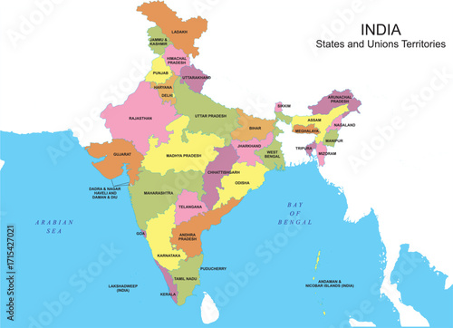 India Map with States and Union Territories  – Colored India Map Vector Illustration - Map of India