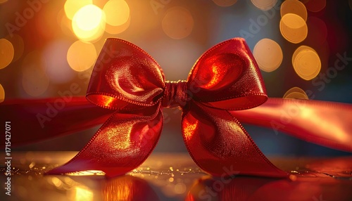 Red Bow Tie Sparkle on Table Against Bokeh Lights Festive Warm Cinematic Macro