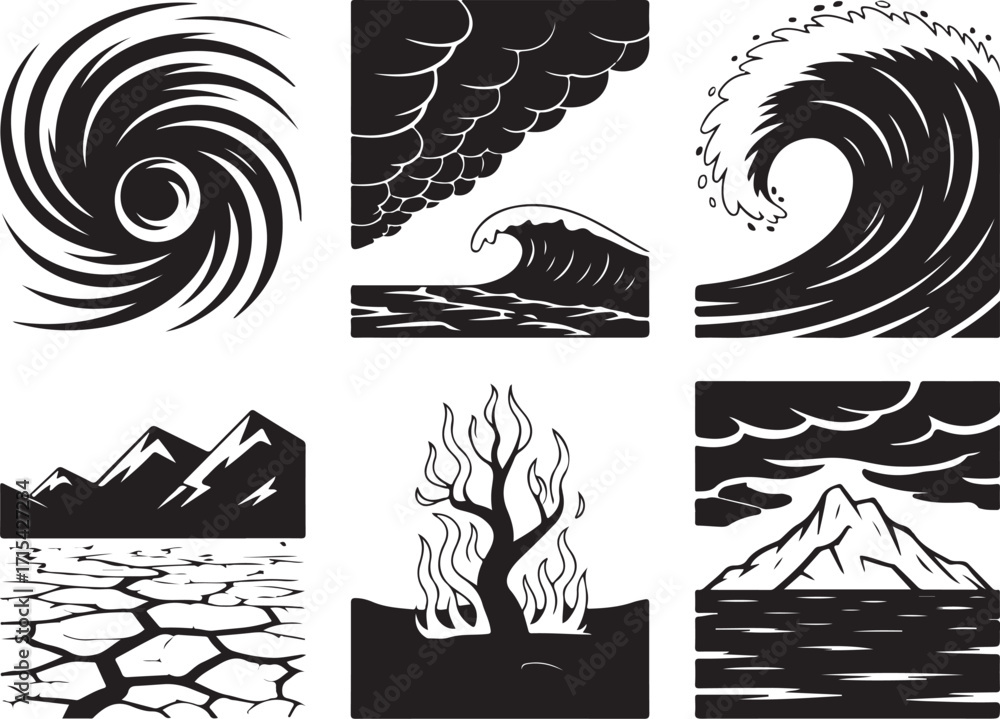 Naklejka premium Natural disaster icons: storm, wave, drought, fire, mountain