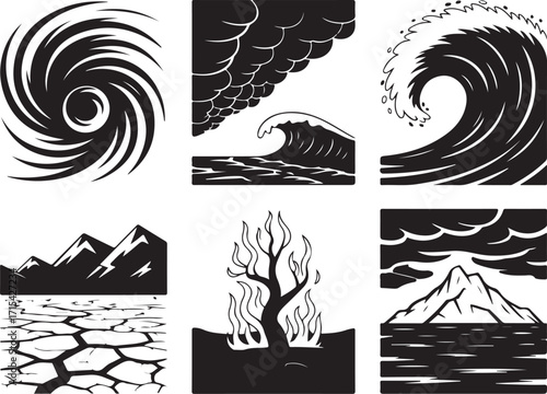 Natural disaster icons: storm, wave, drought, fire, mountain
