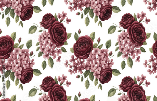 Elegant Maroon and Pink Rose Floral Seamless Pattern