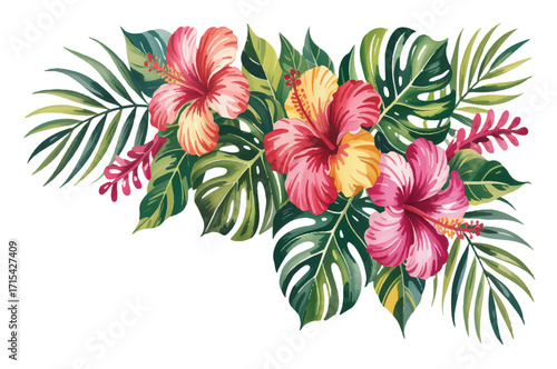 Vibrant Watercolor Floral Arrangement Hibiscus, Monstera, and Palm Leaves on a White Background