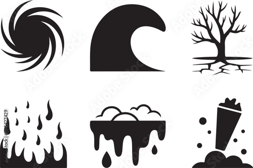 Natural disaster icons cyclone wave drought fire flood earthquake