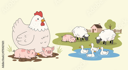 A charming scene of farm animals including pigs ducks and sheep on a sunny day.