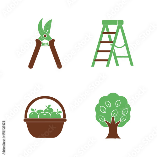 A collection of four garden-related icons including pruning shears, a ladder, a basket of apples, and a tree.