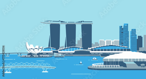 Singapore Skyline Illustration Featuring Iconic Buildings and Marine Bay Sands for Travel Brochures and Urban Landscape Visualizations