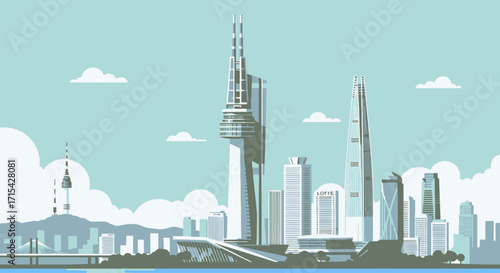 Minimalist Cityscape Illustration of Seoul, South Korea, Featuring Iconic Skyscrapers and Cultural Landmarks, Suitable for Travel Guides and Architectural Design Projects