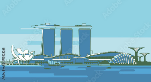 Minimalist Vector Illustration of Singapore's Iconic Marina Bay Sands and Gardens by the Bay. Ideal for travel brochures, architectural designs, and cityscape presentations.