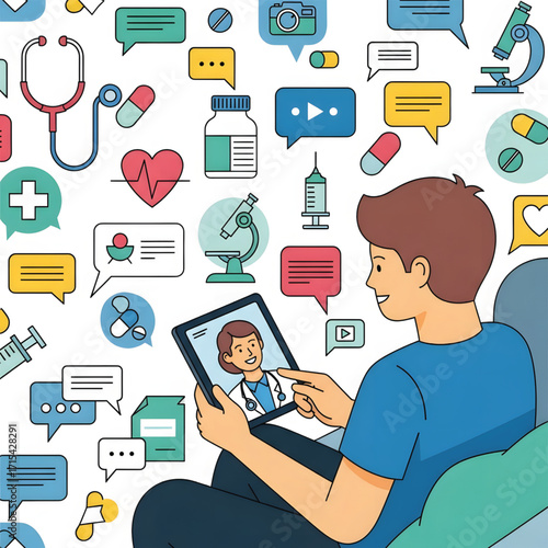 A young man video chats with a doctor on a tablet, surrounded by medical icons.