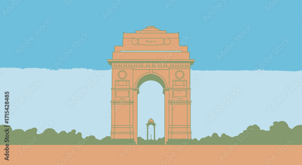 Obraz premium Minimalist Vector Illustration of India Gate in New Delhi, Ideal for Travel Guides, Cultural Presentations, and Educational Materials on Indian History