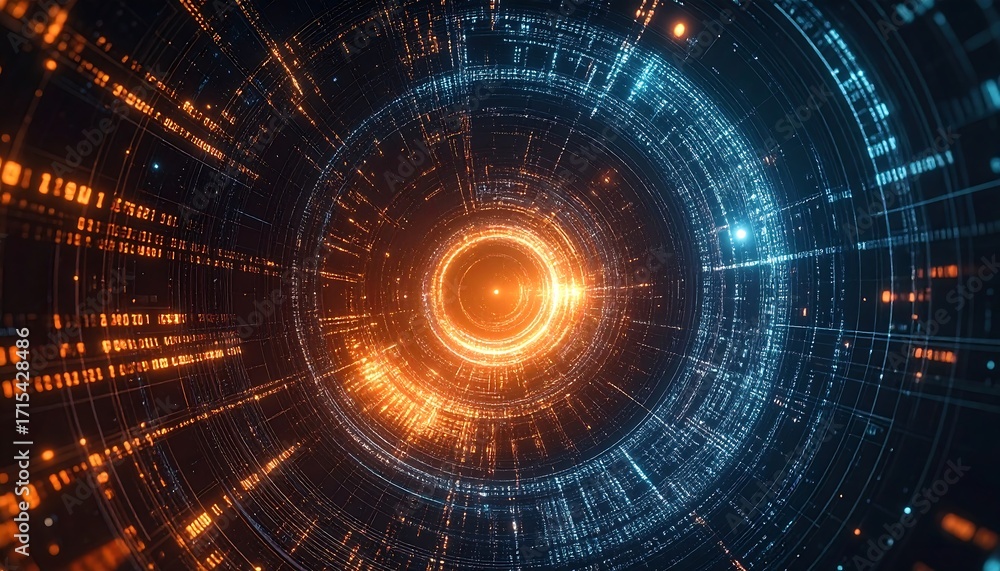 Obraz premium A vibrant, swirling tunnel of orange and blue digital code creates an energetic, futuristic visual experience.