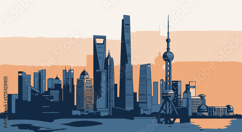 Illustrated Shanghai Skyline Depicting Iconic Skyscrapers and Oriental Pearl Tower, Ideal for Tourism Promotion and Urban Development Projects