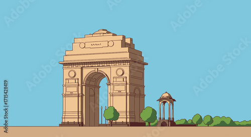 India Gate Illustration Depicting Iconic Landmark and Symbol of New Delhi, Suitable for Travel Brochures and Cultural Heritage Projects