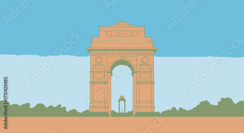 Minimalist Vector Illustration of India Gate in New Delhi, Ideal for Travel Guides, Cultural Presentations, and Educational Materials on Indian History