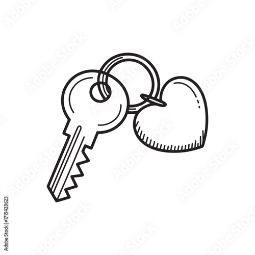 Whimsical Hand Drawn Key with Heart Shaped Keychain Ring A Symbol of Love Security and Affectionate Bond Makes a Cute and Charming Image