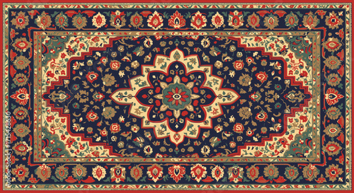 Intricate Oriental Carpet Design Featuring Floral Motifs and Rich Color Palette for Interior Design, Home Decor, and Cultural Art Projects.