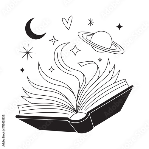 Whimsical Open Book Illustration with Celestial Elements A Symbolic Depiction of Knowledge Imagination and Cosmic Exploration Perfect for Book Lovers and Astronomy Enthusiasts
