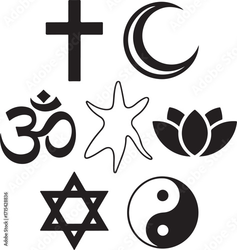 Diverse spiritual symbols united for peace and harmony