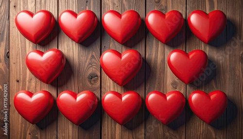 Red Heart Array on Rustic Wooden Surface Love Celebration