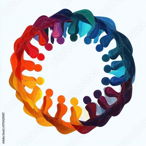 Abstract circular arrangement of human-like figures in gradient colors from warm reds and oranges to cool blues and purples symbolizing unity and diversity
