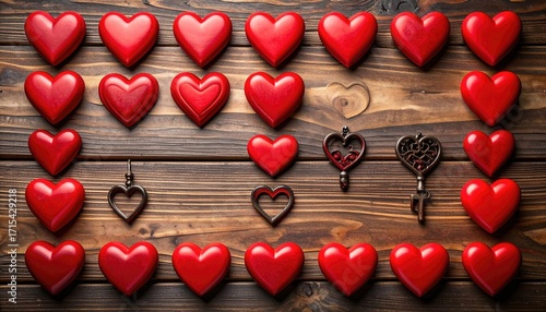 Red Heart Shaped Candies and Antique Keys Arranged on Rustic Wooden Surface for Valentine's Day Celebration