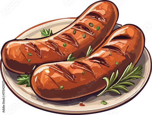 Grilled sausage clipart, isolated cartoon illustration, plump sausage with grill lines.