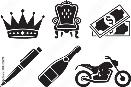 Luxury symbols crown chair money pen champagne motorcycle