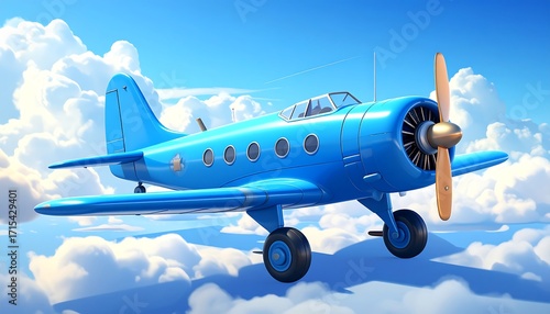 A vivid, stylized rendering of a bright blue vintage airplane soaring through fluffy white clouds against a clear blue sky.
