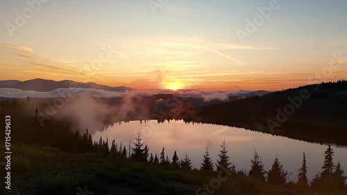A serene sunrise over a tranquil mountain lake, bathed in warm, golden hues.