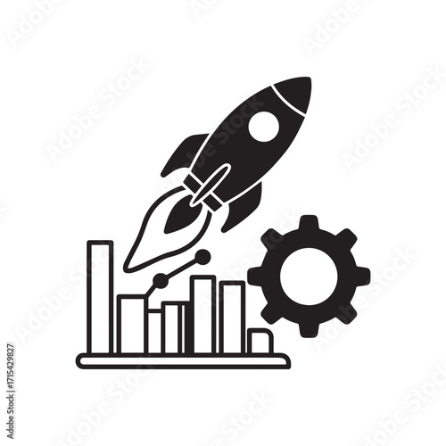 Stylized Rocket Launch with Bar Graph and Gear Dual Icon Design Silhouette.