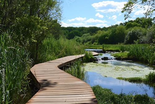 Curved wooden boardwalk winds through a lush green wetland with small waterfalls