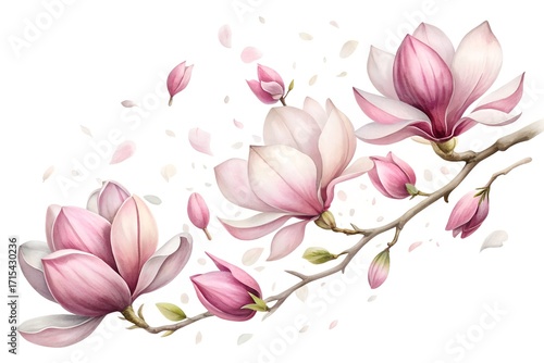Watercolor painting of a blooming magnolia branch with pink and white petals isolated on white background for design