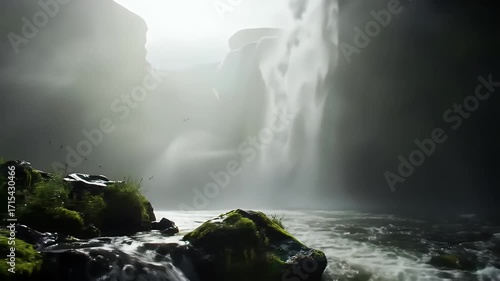 Majestic waterfall shrouded in mist, cascading down dramatic cliffs.