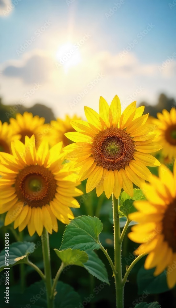 Fototapeta premium Vibrant sunflowers bask in golden sunlight, their faces turned towards the sun in a field of green A stunning display of nature's beauty, perfect for summer or harvest themes , wildflowers, head