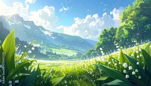 A vibrant landscape of a lily-of-the-valley meadow, nestled beneath snow-capped mountains, showcases a serene and picturesque summer scene.