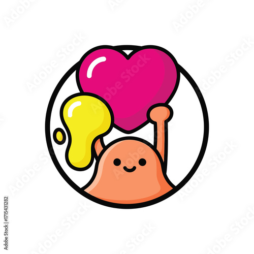 Happy blob character holding heart and yellow blob.