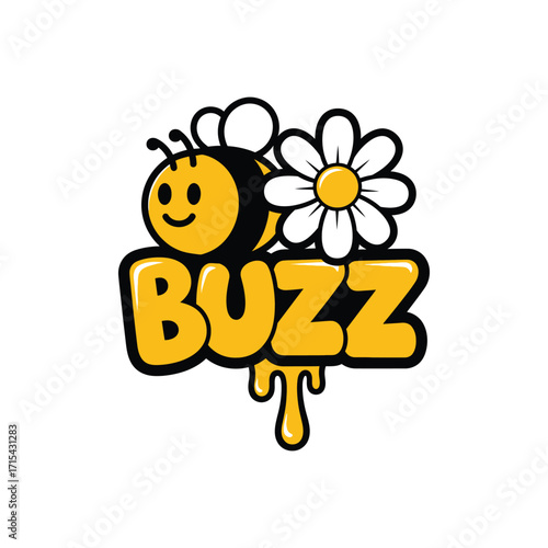 Cute Cartoon Bee and Daisy Flower on Buzz Logo.