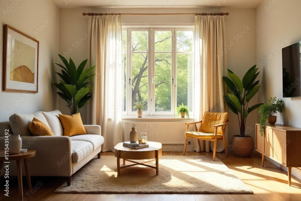 Fototapeta premium Warm, inviting living room with sunlight streaming through window, comfortable furniture, and cozy decor, perfect for a welcoming homepage , pillows, cheerful, happy