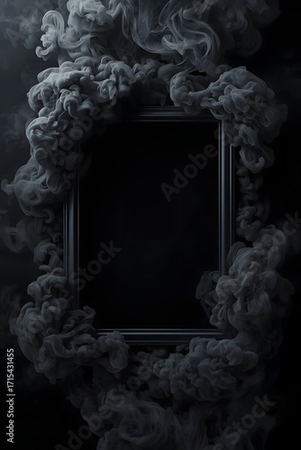 Dark mysterious frame design with dramatic black smoke clouds swirling around an empty square center, creating a moody abstract background for banners, posters, or presentations