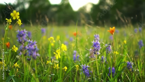 Vibrant wildflowers in a meadow, showcasing a variety of colors and textures.